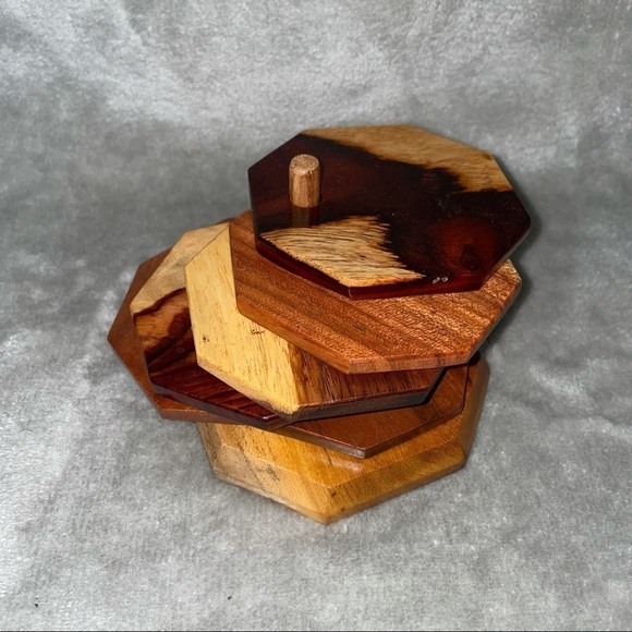 Wooden Octagon Polygon Coasters with Holder Set of 6 - Picture 1 of 8